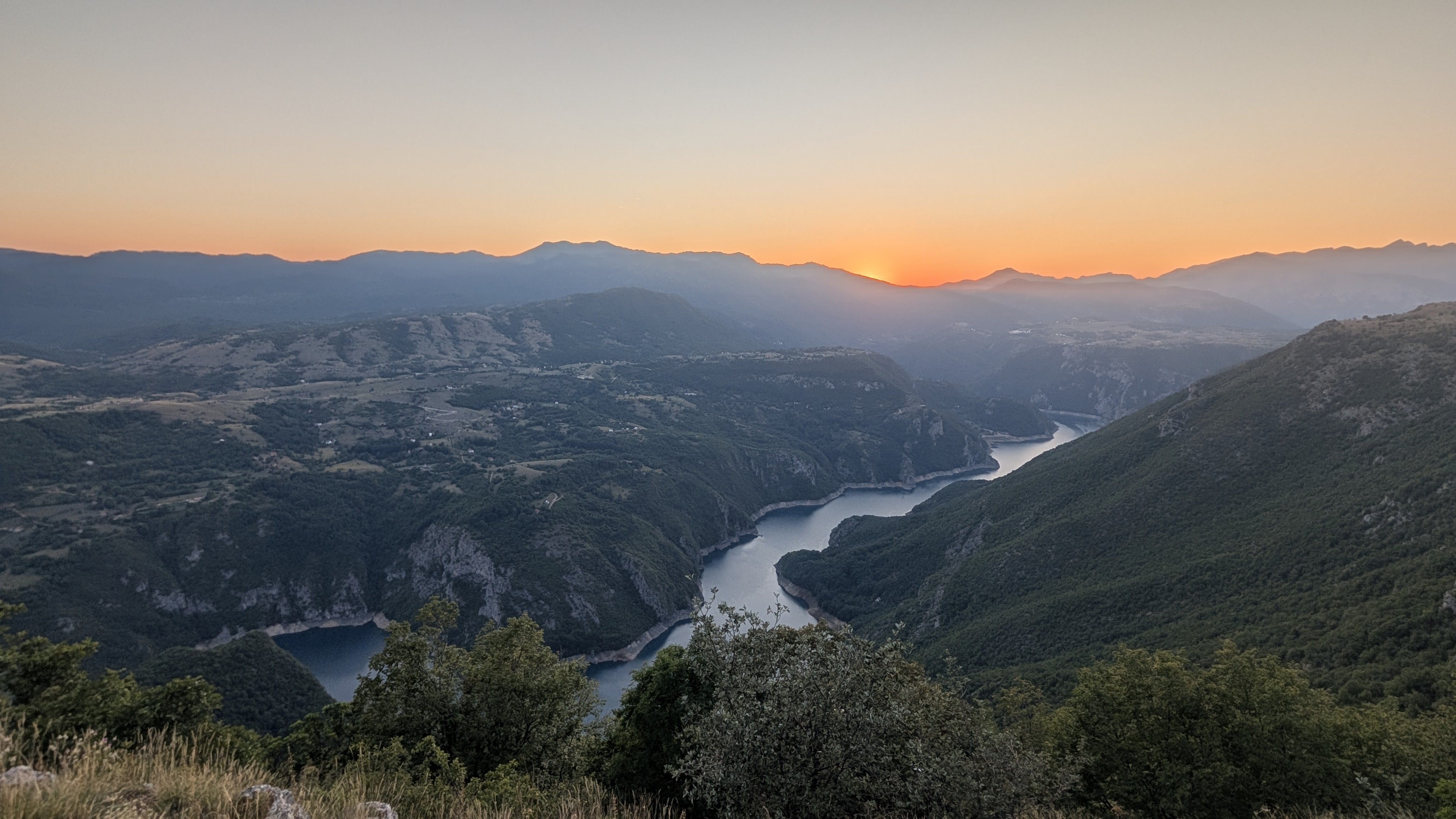 Sunset over a river canyon in Montenegro